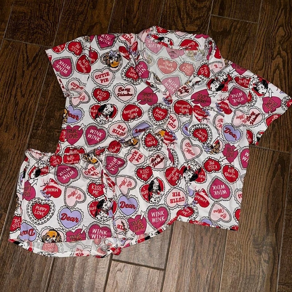 Celebrate Valentine's Day Puppy Conversation Heart Pajama Set Medium Red White